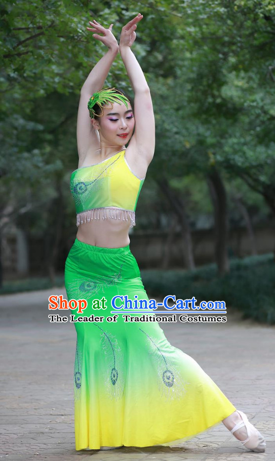 Green Chinese Custom Made Folk Dai Ethnic Dance Costume and Headpieces Complete Set for Women