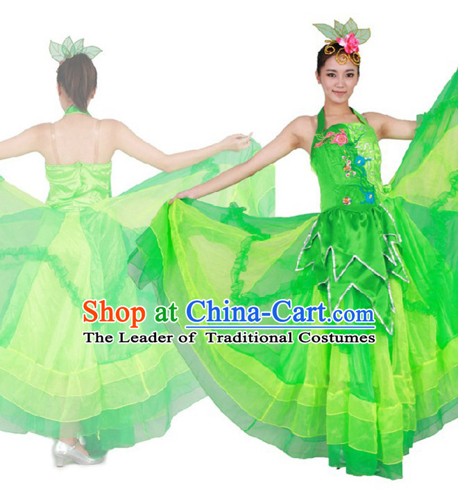 Chinese Teenagers Green Dance Costumes for Competition