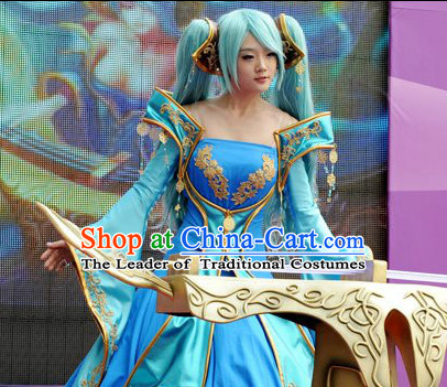 Ancient Chinese Fairy Blue Halloween Costumes and Hair Accessories