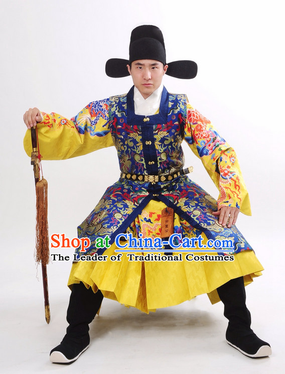 China Ancient Ming Dynasty Official Swordsman Costume and Hat Complete Set for Men