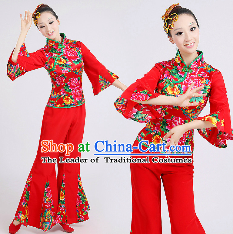 Chinese Red Folk Dance Costumes Group Dancing Costume Dancewear China Dress Dance Wear and Head Pieces Complete Set