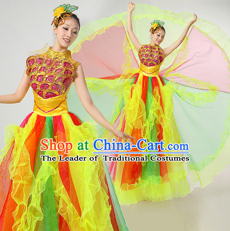 Chinese Festival Celebration Dance Costumes Ribbon Dancing Costume Dancewear China Dress Dance Wear and Hair Accessories Complete Set