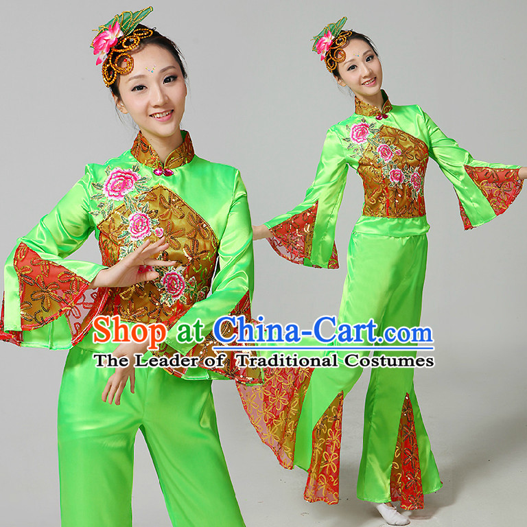 Chinese Fan Dance Costumes Ribbon Dancing Costume Dancewear China Dress Dance Wear and Hair Accessories Complete Set