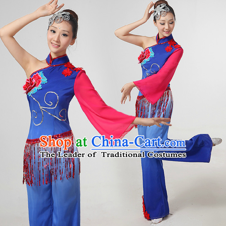 Chinese Yangge Dance Costumes Ribbon Dancing Costume Dancewear China Dress Dance Wear and Hair Accessories Complete Set