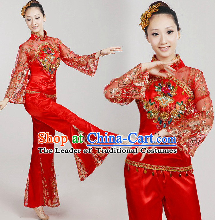 Chinese Dance Costumes Ribbon Dancing Costume Dancewear China Dress Dance Wear and Hair Accessories Complete Set