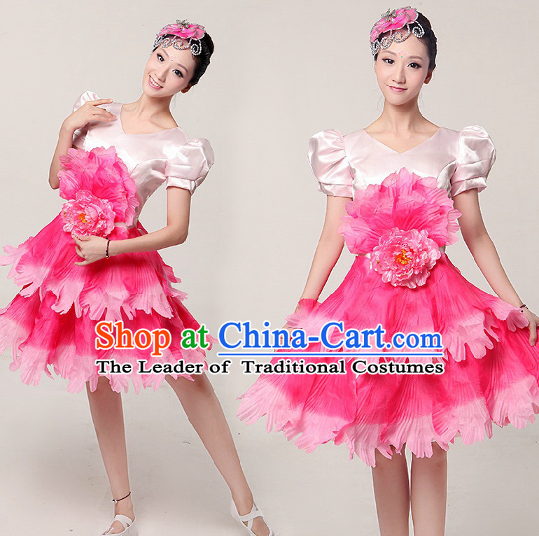 Chinese Stage Dance Costumes Ribbon Dancing Costume Dancewear China Dress Dance Wear and Hair Accessories Complete Set