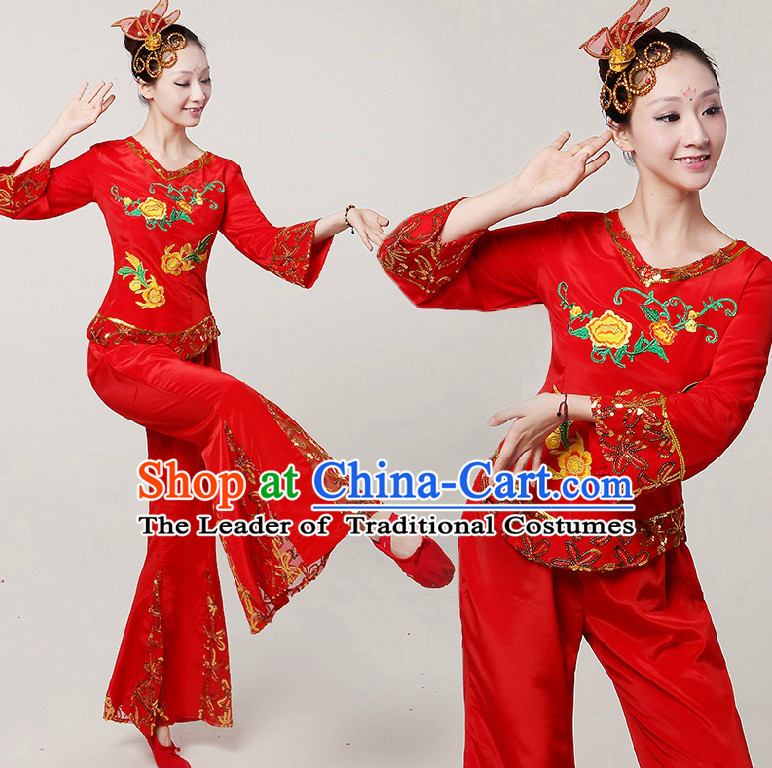 Chinese Dance Costumes Ribbon Dancing Costume Dancewear China Dress Dance Wear and Hair Accessories Complete Set