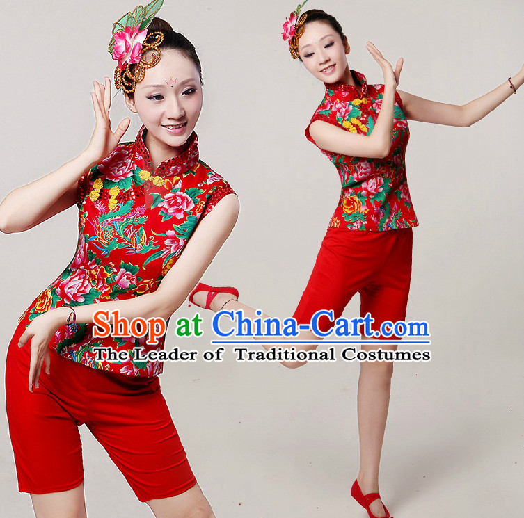 Chinese Dance Costumes Ribbon Dancing Costume Dancewear China Dress Dance Wear and Hair Accessories Complete Set