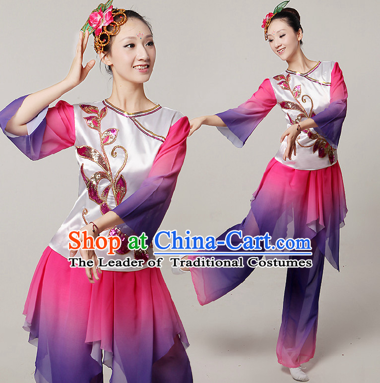 Chinese Stage Dance Costumes Ribbon Dancing Costume Dancewear China Dress Dance Wear and Hair Accessories Complete Set