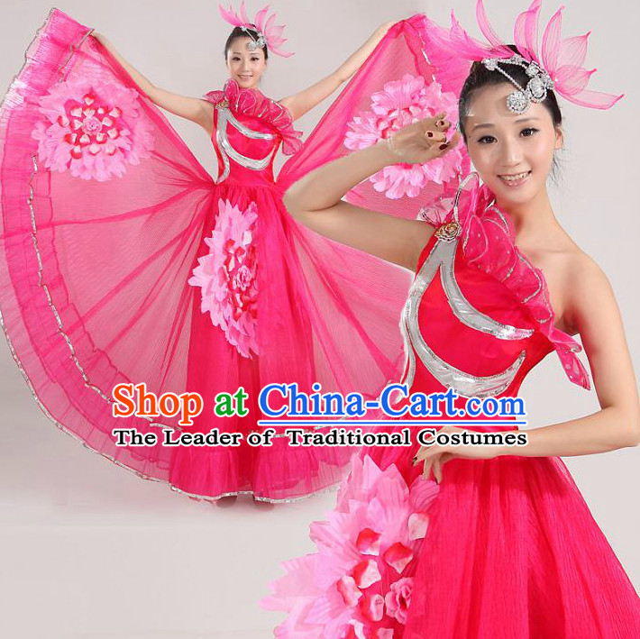Asian Dance Costume Competition Costumes Dancewear China Dress Dance Wear and Headpieces Complete Set