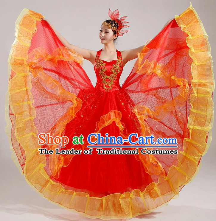 Asian Dance Costume Group Dance Costumes Dancewear China Dress Dance Wear and Headpieces Complete Set