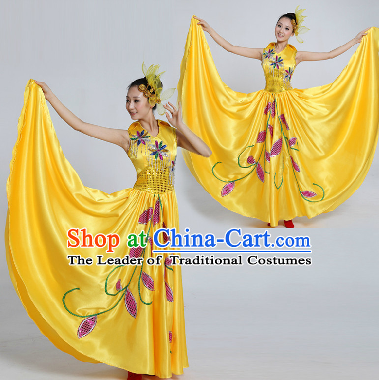 Asian Folk Dance Costume Group Dance Costumes Dancewear China Dress Dance Wear and Headpieces Complete Set