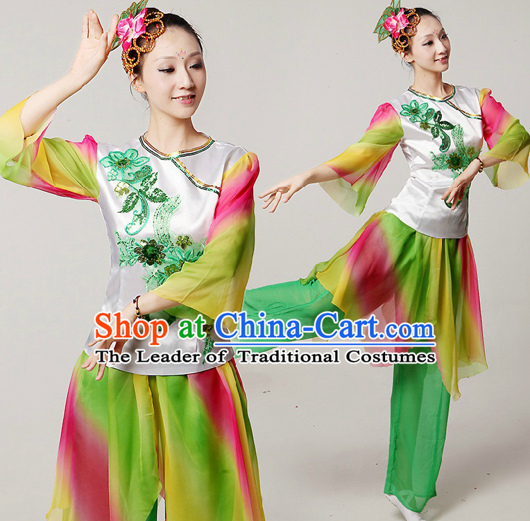 Chinese Stage Dance Costumes Ribbon Dancing Costume Dancewear China Dress Dance Wear and Hair Accessories Complete Set