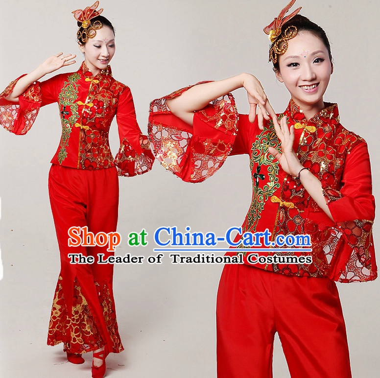 Chinese Fan Dance Costumes Ribbon Dancing Costume Dancewear China Dress Dance Wear and Hair Accessories Complete Set