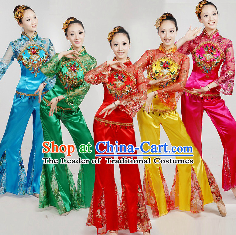 Chinese Folk Dance Costumes Ribbon Dancing Costume Dancewear China Dress Dance Wear and Hair Accessories Complete Set