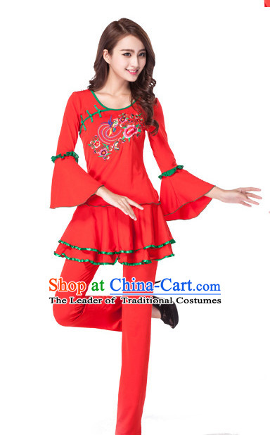 Red Chinese Style Fan Dance Costume Discount Dance Costume Ideas Dancewear Supply Dance Wear Dance Clothes Suit