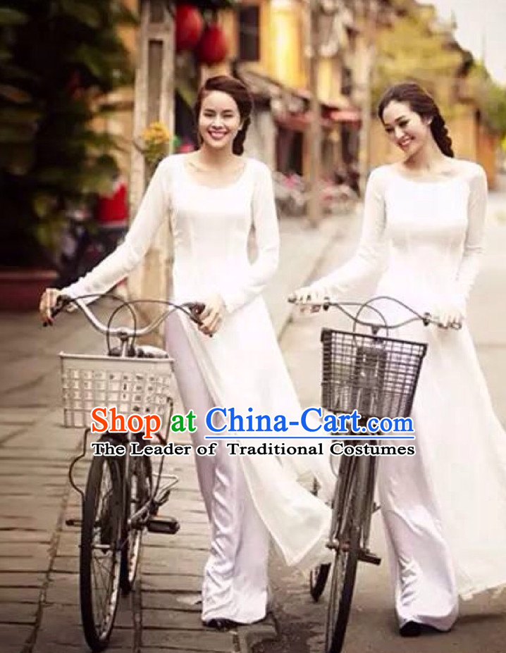 Pure White Traditional Vietnamese Girl Clothing Ao Dai Complete Set