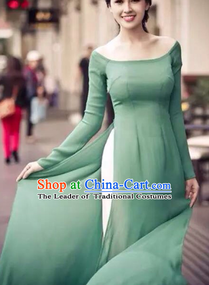 Low Collar Light Green Ao Dai Cuoi Clothing for Women