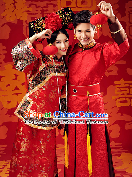 Traditional Chinese Qing Dynasty Wedding Celebration Outfits for Men and Women