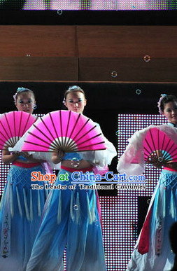 Chinese Blue Fan Dancing Group Costume for Girls