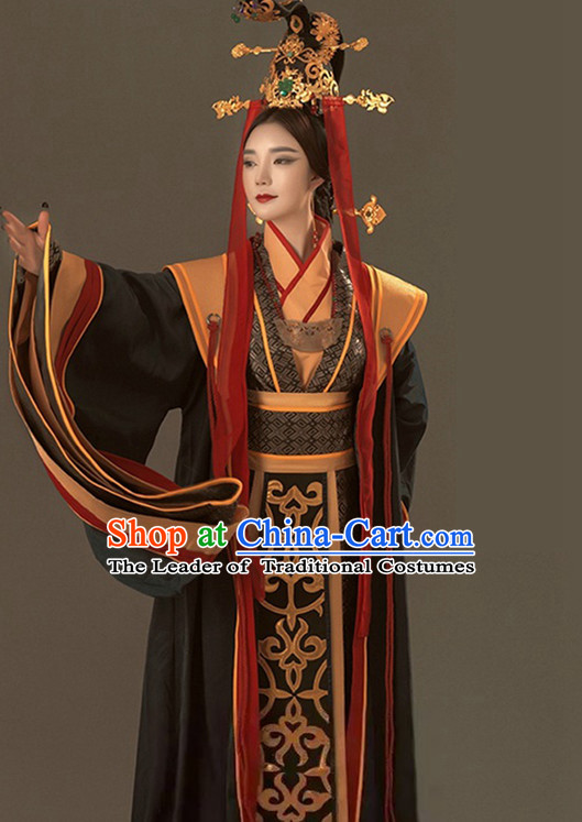 Ancient Chinese Qin Dynasty Mi Yue Queen Empress Clothing Garment and Crown Complete Set for Women