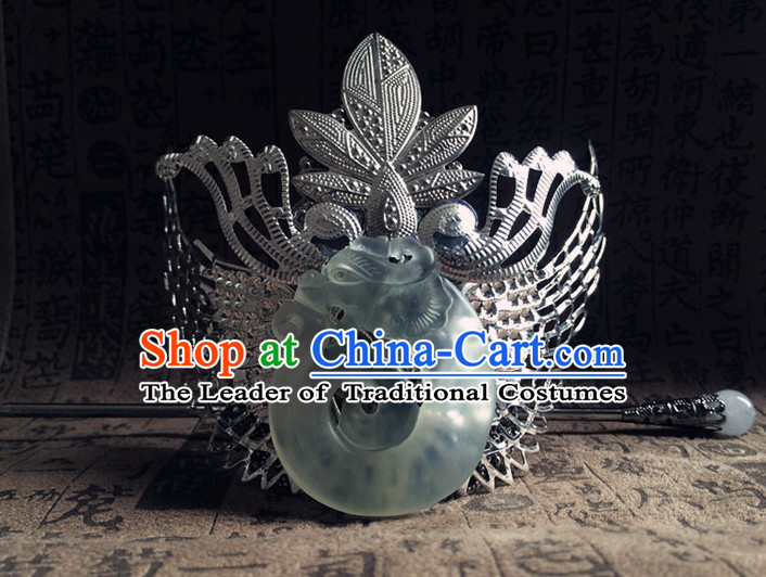 Silver Ancient Chinese Poet  Handmade Jade Headwear Head Pieces Coronet Crown for Men