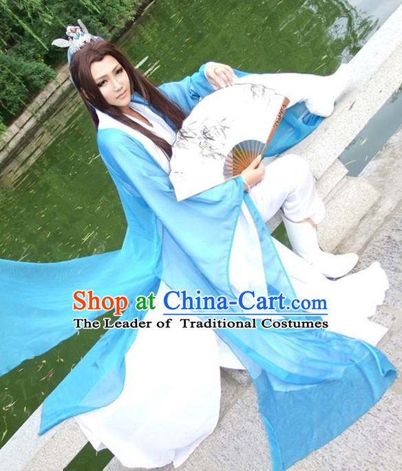 Ancient Chinese Swordswoman Costumes and Crown Complete Set for Women or Men