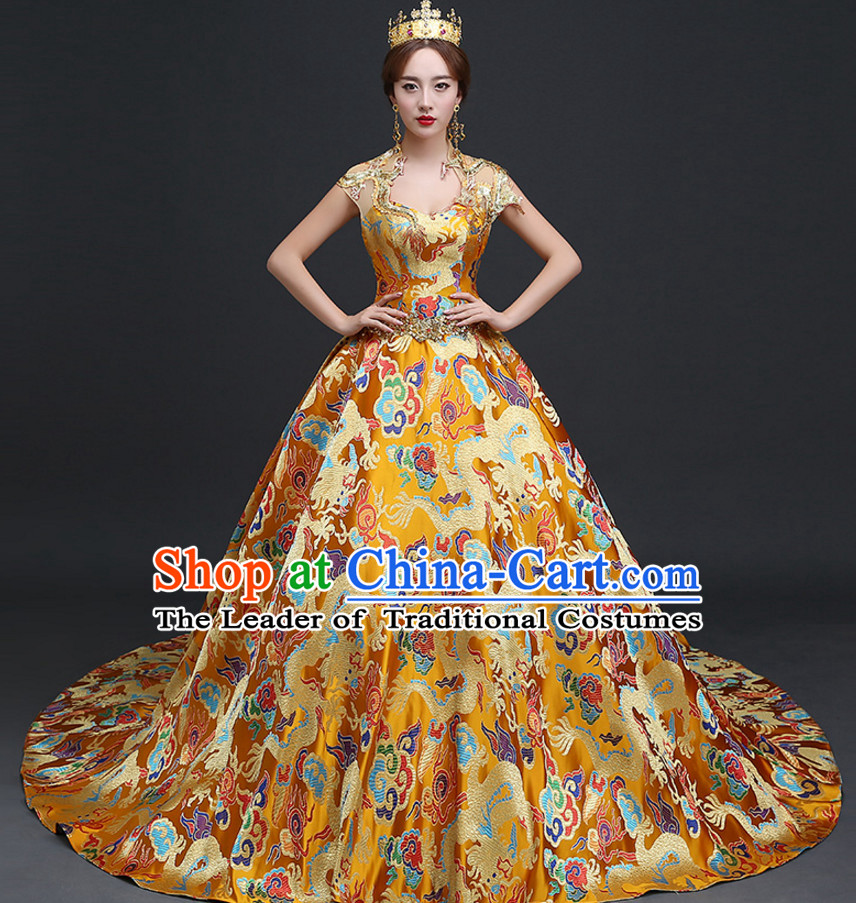 Top Chinese Gold Wedding Dress and Headwear Complete Set
