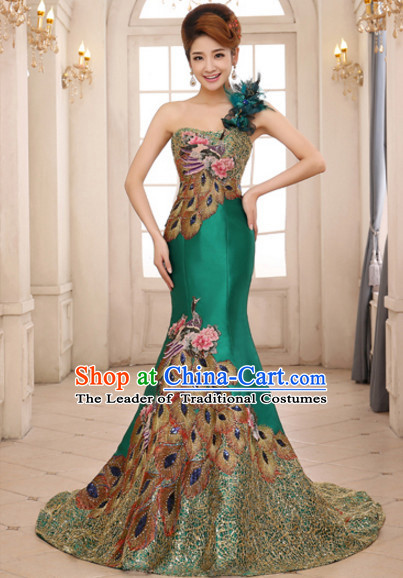 Top Chinese Green Long Tail Wedding Dress Evening Dress and Hair Jewelry Complete Set