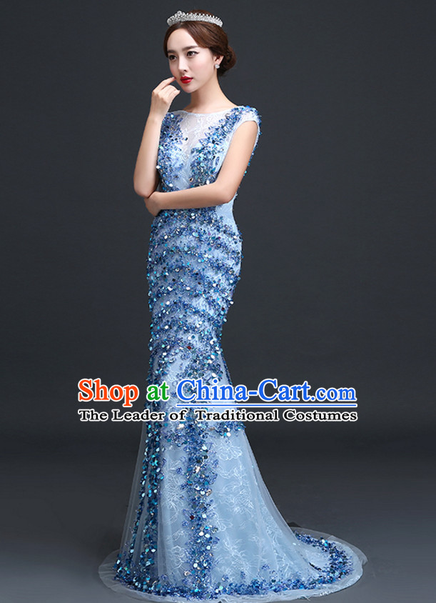 Top Chinese Blue Long Tail Wedding Dress Evening Dress and Hair Jewelry Complete Set