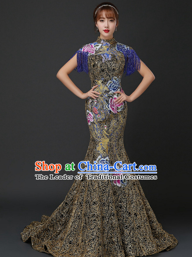 Top Chinese Classic Style Long Tail Evening Dress Complete Set
