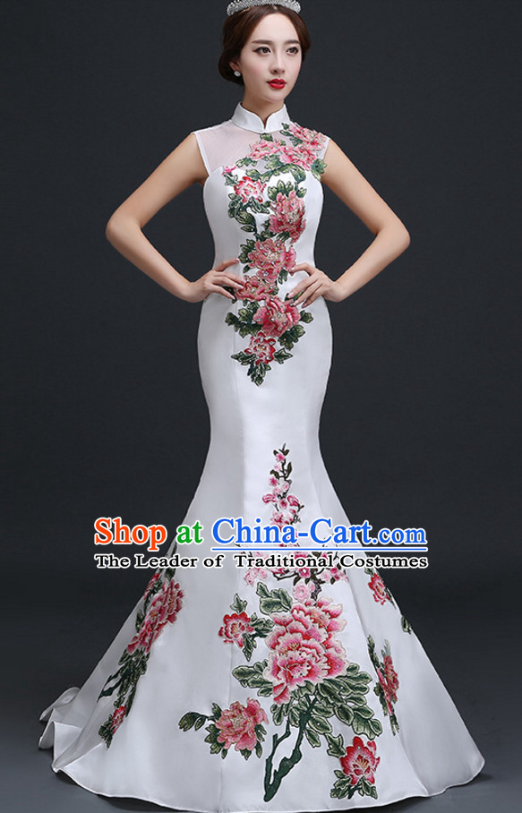 Top Chinese White Long Tail Wedding Dress Evening Dress and Hair Jewelry Complete Set