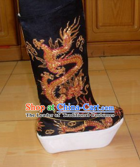 Ancient Chinese Handmade Black Emperor Dragon Embroidery Boots Shoes