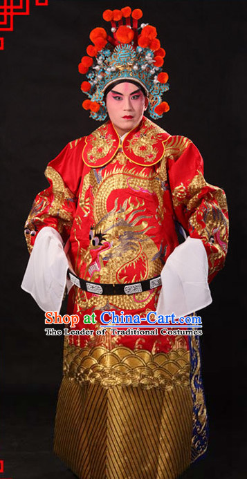 Ancient Chinese Embroidered Dragon Opera Clothing and Helmet Complete Set for Men