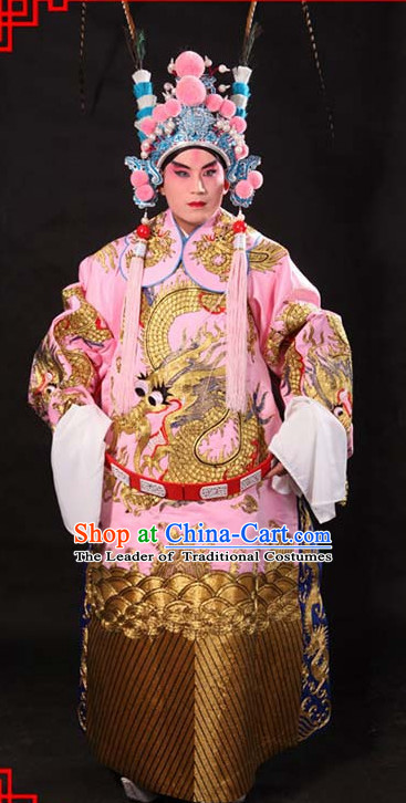 Green Ancient Chinese Embroidered Dragon Opera Clothing and Helmet Complete Set for Men