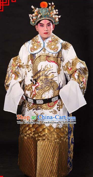 Whtie Ancient Chinese Embroidered Dragon Opera Clothing and Helmet Complete Set for Men