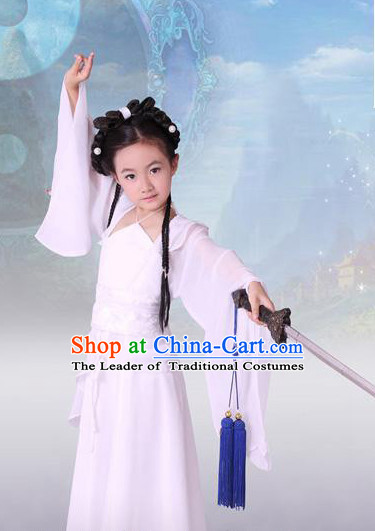Pure White Chinese Classical Dragon Lady Costumes for Kids Children