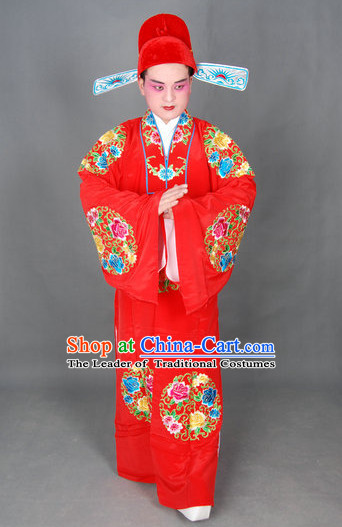 Ancient Chinese Opera Scholar Wedding Costumes and Hat Complete Set for Men