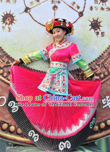 Chinese Folk Ethnic Traditional Clothes Garment and Hat Complete Set for Women