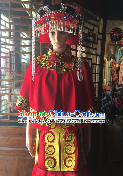 Chinese Folk Ethnic Traditional Dress Garment and Hat Complete Set for Women