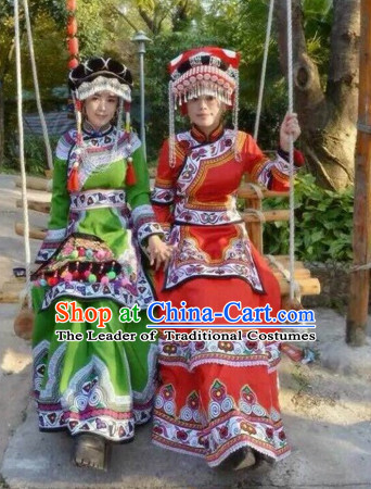 Red Chinese Folk Ethnic Traditional Clothes and Hat Complete Set for Women