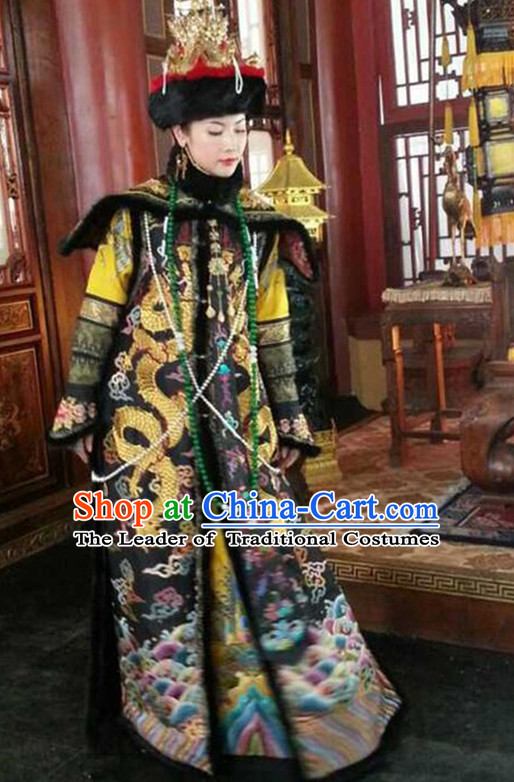 Qing Dynasty Imperial Empress Stage Costumes and Hat Complete Set