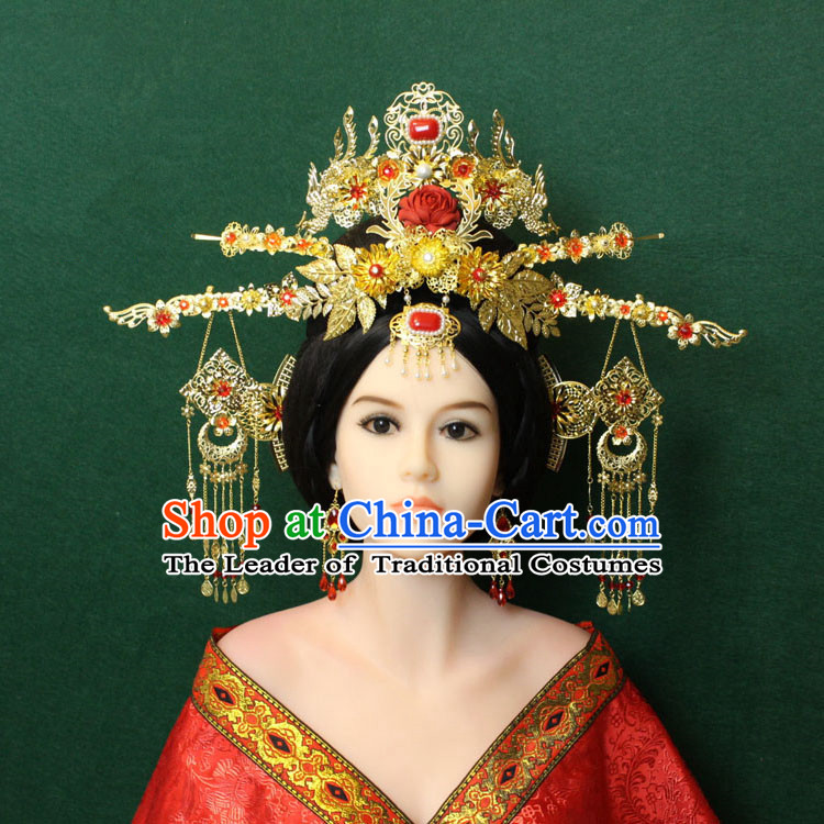 Chinese Ancient Style Hair Jewelry Accessories, Hairpins, Queen Hanfu Tang Dynasty Xiuhe Suit Wedding Bride Phoenix Coronet, Hair Accessories Set for Women