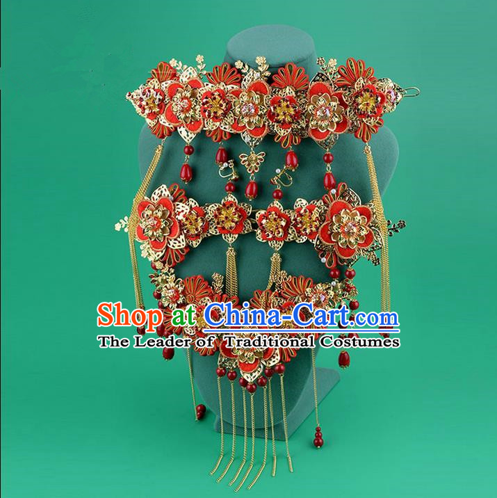 Chinese Ancient Style Hair Jewelry Accessories, Hairpins, Hanfu Xiuhe Suits Wedding Bride Headwear, Headdress, Imperial Empress Handmade Phoenix Hair Fascinators Set for Women