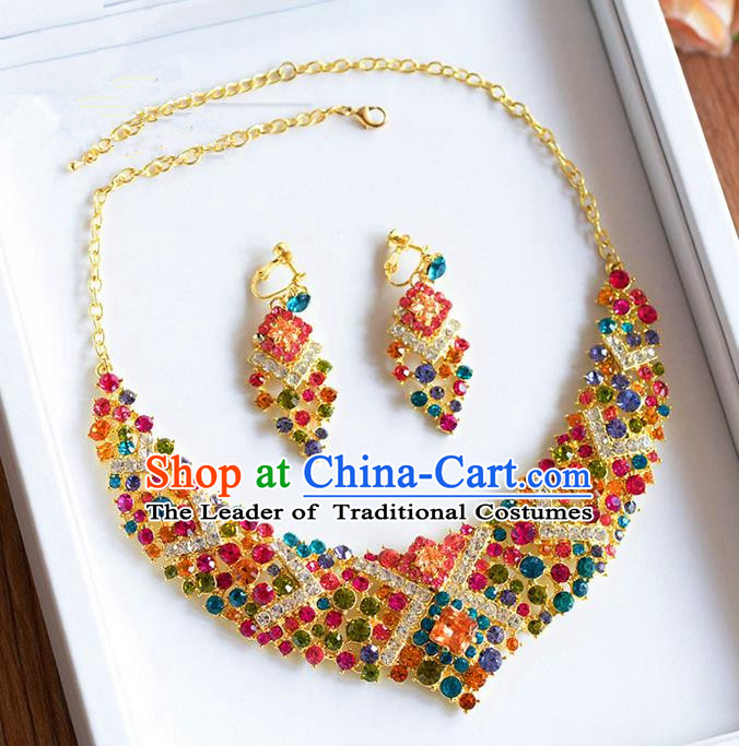 Traditional Jewelry Accessories, Palace Princess Wedding Accessories, Baroco Style Colorful Crystal Earrings and Necklace Set for Women