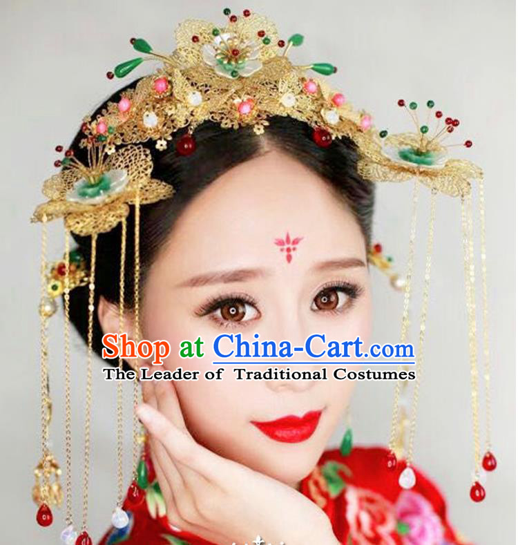 Chinese Ancient Style Hair Jewelry Accessories, Hairpins, Hanfu Xiuhe Suits Wedding Bride Headwear, Headdress, Imperial Empress Handmade Hair Fascinators Set for Women