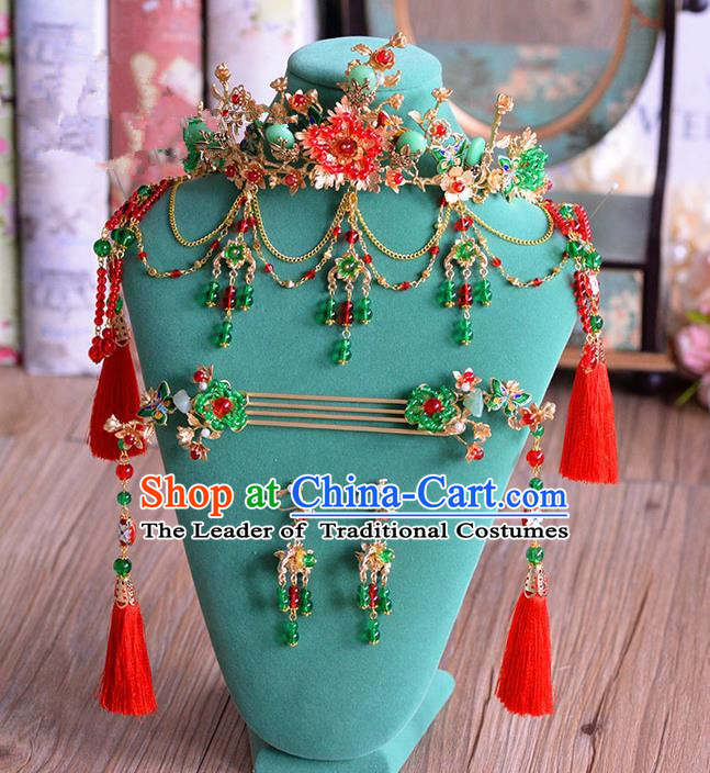 Chinese Ancient Style Hair Jewelry Accessories, Hairpins, Hanfu Xiuhe Suits Wedding Bride Headwear, Headdress, Imperial Empress Handmade Hair Fascinators Set for Women