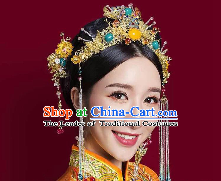 Chinese Ancient Style Hair Jewelry Accessories, Hairpins, Hanfu Xiuhe Suits Wedding Bride Headwear, Headdress, Imperial Empress Handmade Hair Fascinators Set for Women