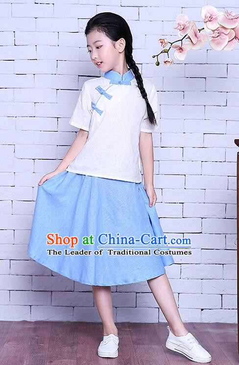 Girl Dress Chinese Traditional Clothes Stage Ceremonial Costumes Kid Show Ancient Wearing Women White Top Blue Skirt Summer