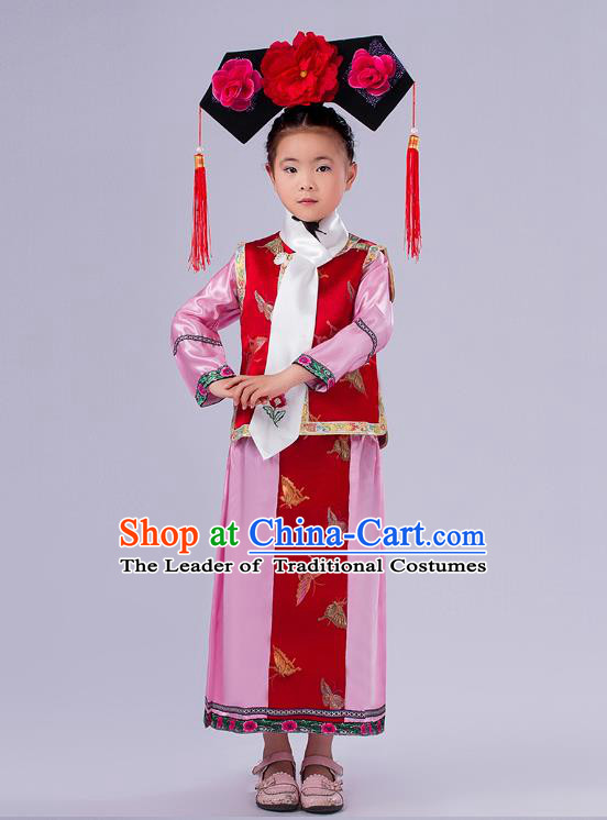 Ancient Chinese Palace Costumes Complete Set, Traditional Qing Dynasty Ancient Princess Skirt, Manchu Children Clothing, Cosplay Manchu Princess Dress Suits for Kids